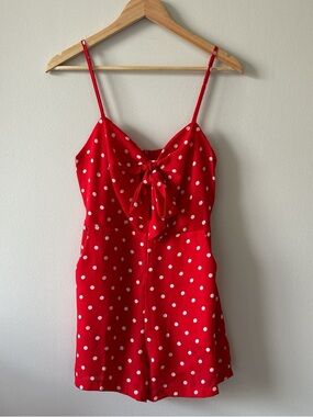 Red Polka Dot Tie-Front Romper w Pockets - Size Small